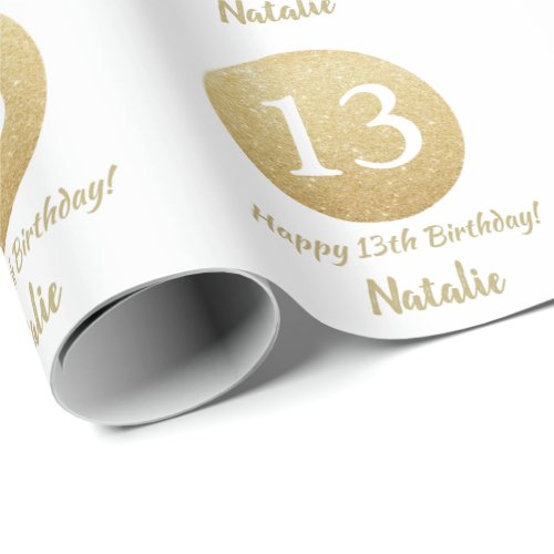 Happy 13th Birthday Gold Glitter and White Wrapping Paper