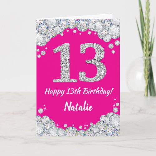 Happy 13th Birthday Hot Pink and Silver Glitter Card