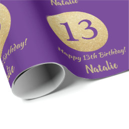 Happy 13th Birthday Purple and Gold Glitter Wrapping Paper
