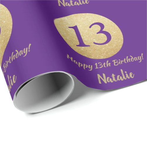 Happy 13th Birthday Purple and Gold Glitter Wrapping Paper