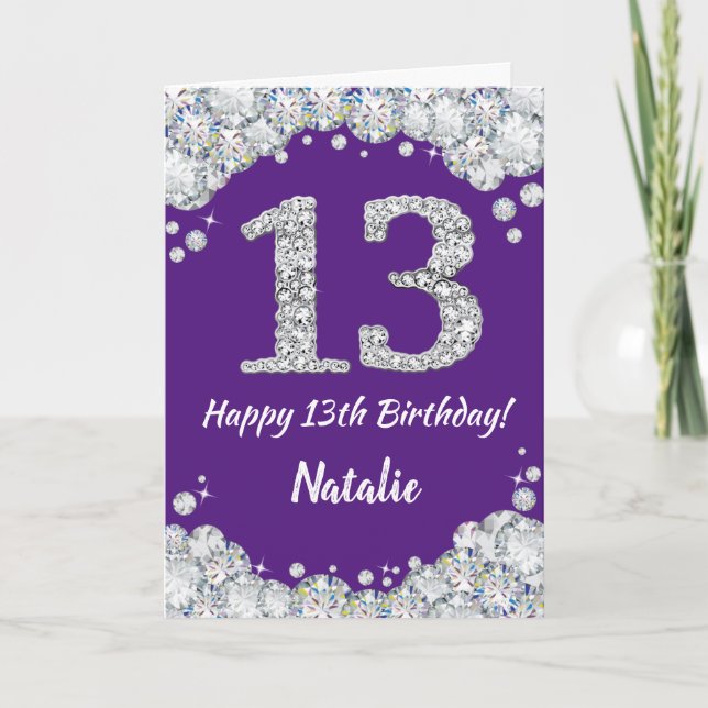 Happy 13th Birthday Purple and Silver Glitter Card (Front)