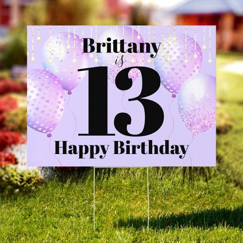 Happy 13th Birthday Purple Balloons Bold Type Yard Sign