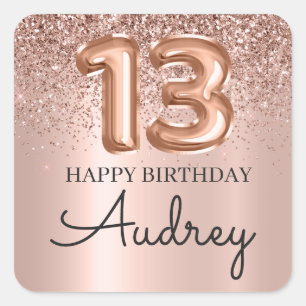 Happy 13th Birthday Rose Gold Glitter Monogram Square Sticker