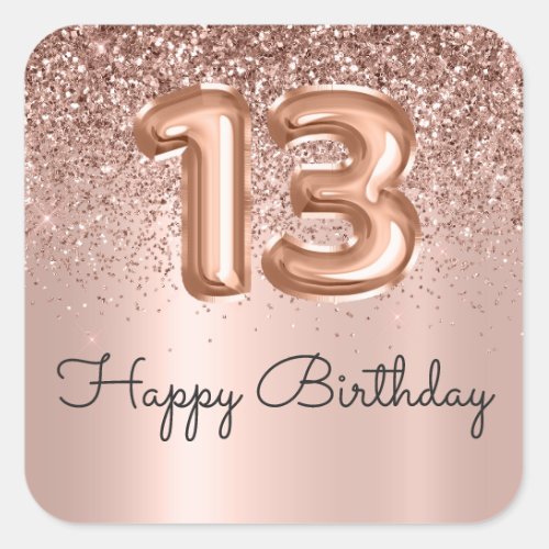  Happy 13th Birthday Rose Gold Glitter Monogram  Square Sticker