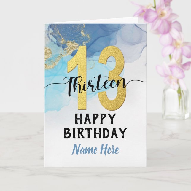 Happy 13th Birthday Watercolor Blue & gold Boy Card (Orchid)