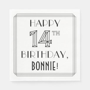 HAPPY 14TH BIRTHDAY; Art Deco Style; Custom Name Napkins