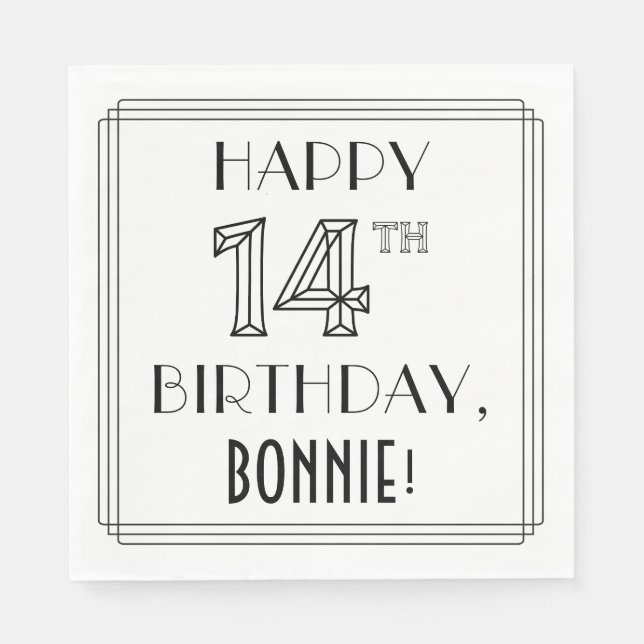 HAPPY 14TH BIRTHDAY; Art Deco Style; Custom Name Napkins (Front)