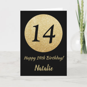 Happy 14th Birthday Black and Gold Glitter Card
