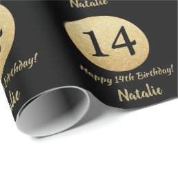 Happy 14th Birthday Black and Gold Glitter Wrapping Paper