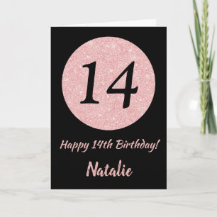Happy 14th Birthday Black and Rose Pink Gold Card