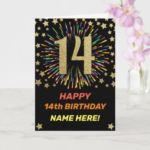 Happy 14th Birthday Black  Gold Rainbow Firework Card