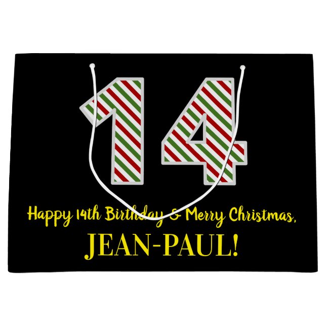 Happy 14th Birthday & Merry Christmas, Custom Name Large Gift Bag (Front)