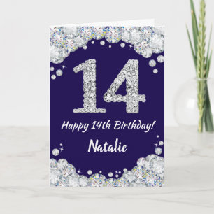Happy 14th Birthday Navy Blue and Silver Glitter Card