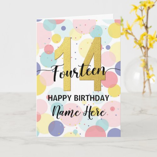 Happy 14th Birthday Pastel Rainbow and Gold Girl Card