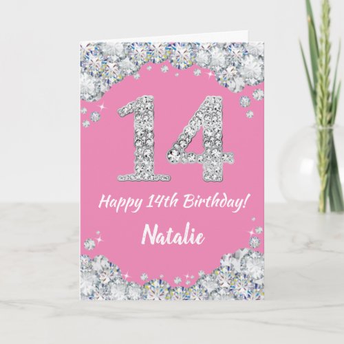 Happy 14th Birthday Pink and Silver Glitter Card