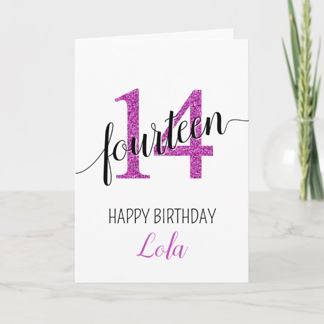 Happy 14th Birthday Pink Glitter girly Card (Front)