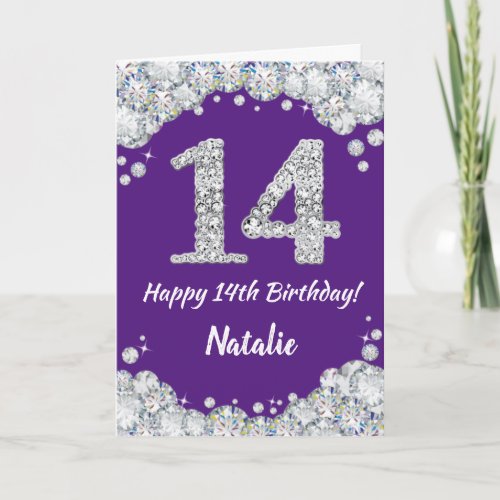 Happy 14th Birthday Purple and Silver Glitter Card
