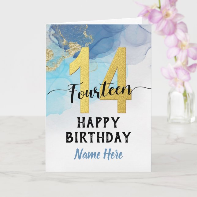 Happy 14th Birthday Watercolor Blue & gold Boy Card (Orchid)