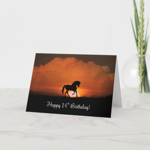 Happy 14th Birthday with Prancing Horse and Sunset Card