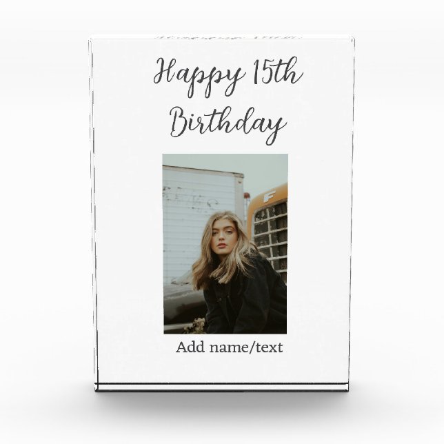 Happy 15th birthday add name photo text modern block (Front)