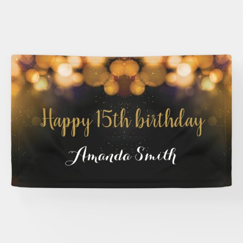 Happy 15th Birthday Banner Black and Gold Glitter Banner