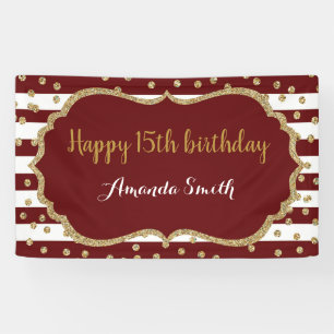 Happy 15th Birthday Banner Burgundy Gold Glitter