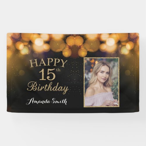 Happy 15th Birthday Banner Gold Glitter Photo Banner