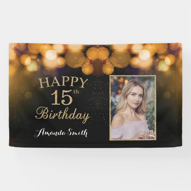 Happy 15th Birthday Banner. Gold Glitter Photo Banner (Horizontal)