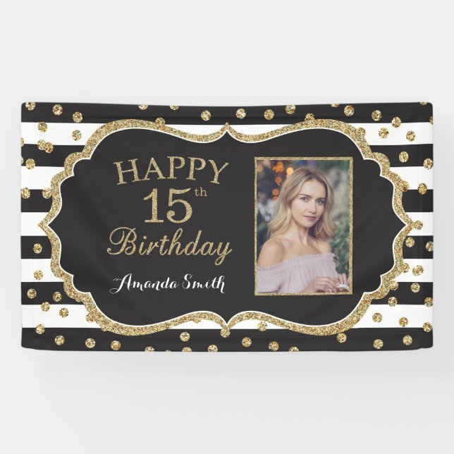 Happy 15th Birthday Banner. Gold Glitter Photo Banner (Horizontal)