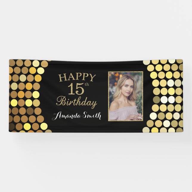 Happy 15th Birthday Banner. Gold Glitter Photo Banner (Horizontal)