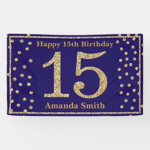 Happy 15th Birthday Banner Navy Blue Gold Glitter