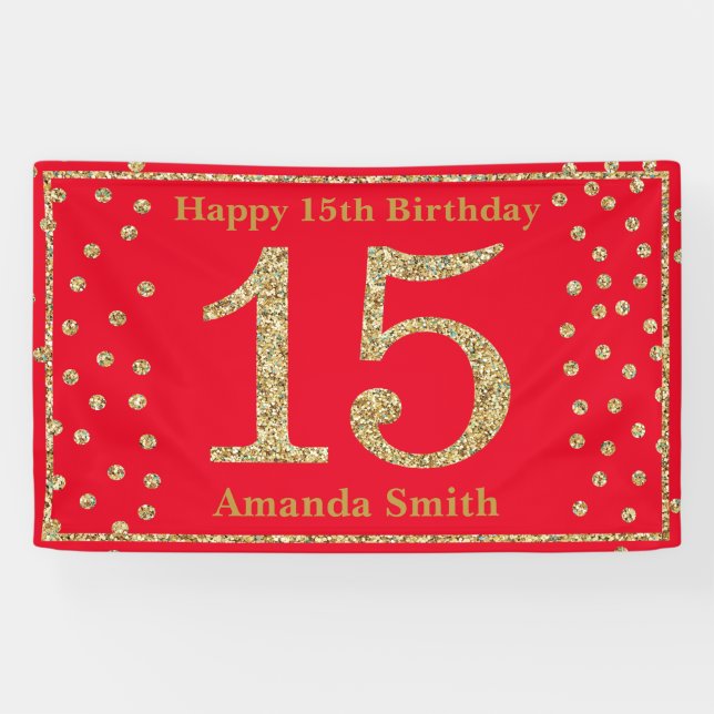 Happy 15th Birthday Banner Red and Gold Glitter (Horizontal)
