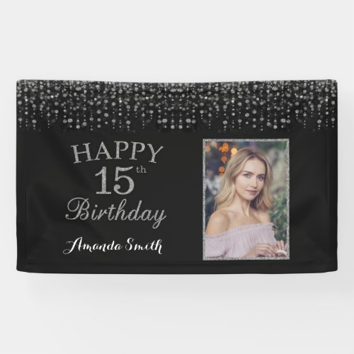 Happy 15th Birthday Banner Silver Glitter Photo Banner