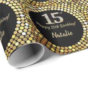 Happy 15th Birthday Black and Gold Glitter Wrapping Paper