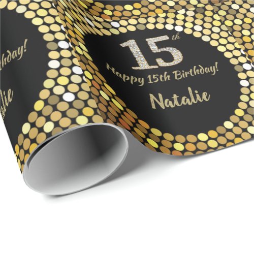 Happy 15th Birthday Black and Gold Glitter Wrapping Paper