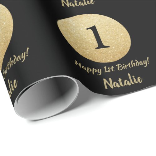 Happy 15th Birthday Black and Gold Glitter Wrapping Paper