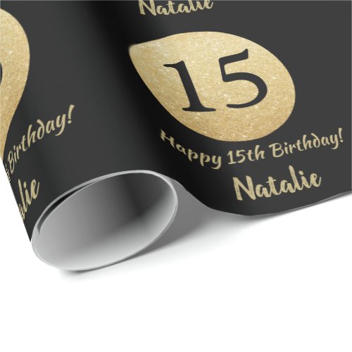 Happy 15th Birthday Black and Gold Glitter Wrapping Paper