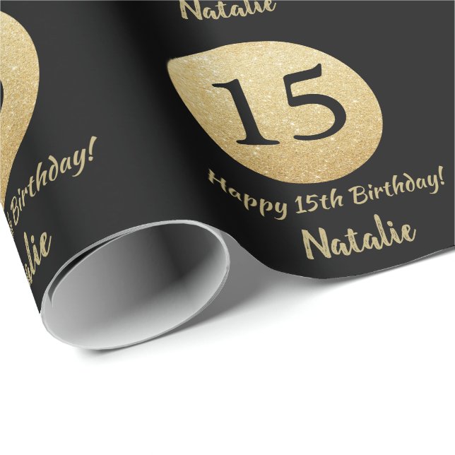 Happy 15th Birthday Black and Gold Glitter Wrapping Paper (Roll Corner)