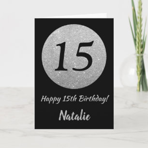 Happy 15th Birthday Black and Silver Glitter Card