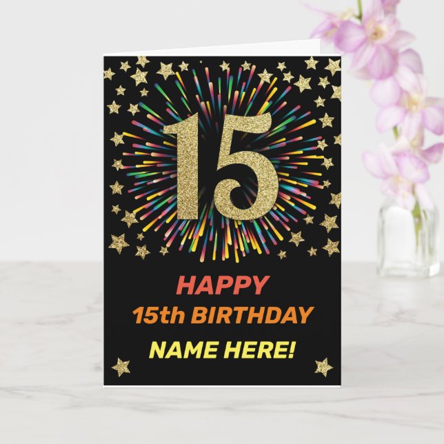 Happy 15th Birthday Black & Gold Rainbow Firework Card (Orchid)