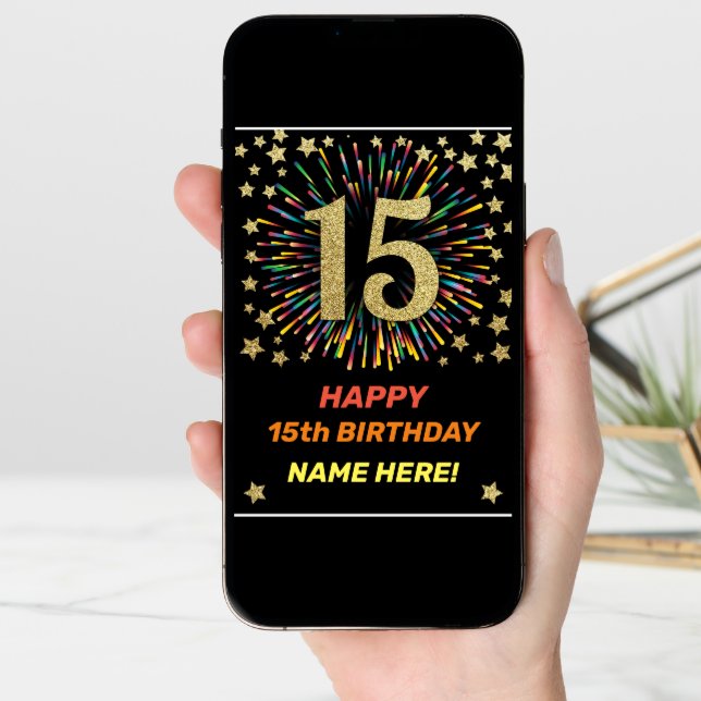 Happy 15th Birthday Black & Gold Rainbow Firework Card (Front Digital)