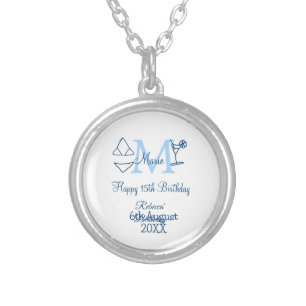 Happy 15th Birthday blue add name monogram bikini Silver Plated Necklace