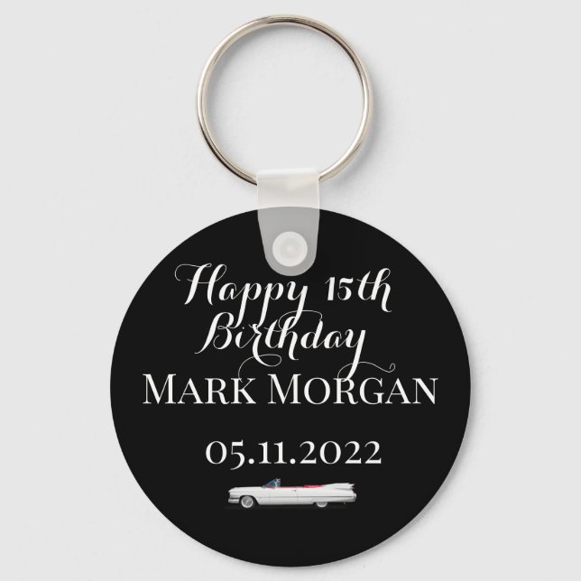 Happy 15th birthday boy party favor black white keychain (Front)