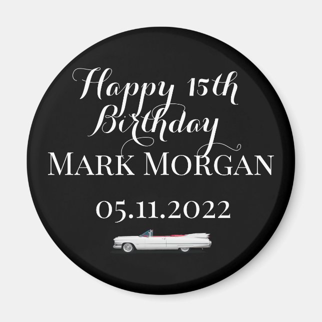 Happy 15th birthday boy party favor black white magnet (Front)