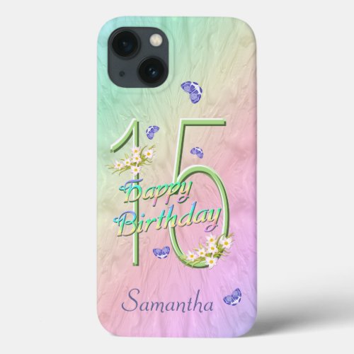 Happy 15th Birthday Butterfly Garden Custom Name iPhone 13 Case