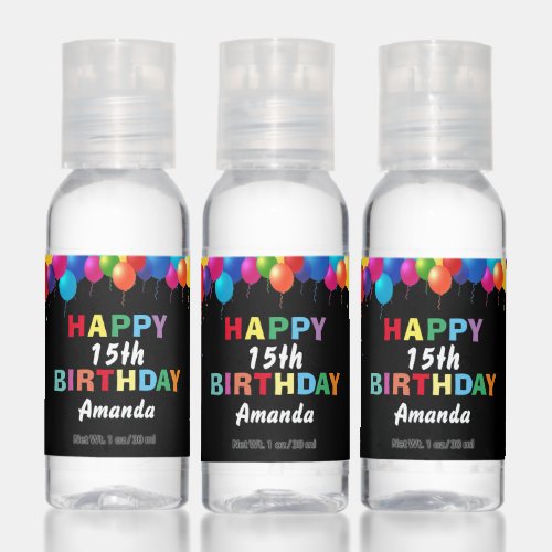 Happy 15th Birthday Colorful Balloons Black Hand Sanitizer