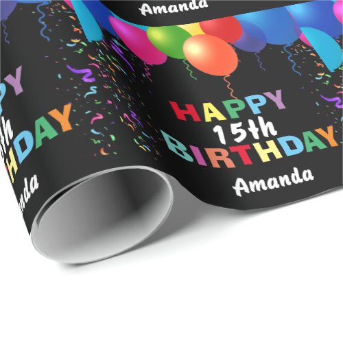 Happy 15th Birthday Colorful Balloons Black Wrapping Paper