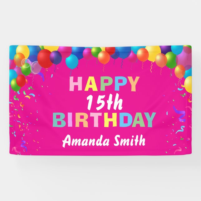 Happy 15th Birthday Colorful Balloons Hot Pink Banner (Horizontal)