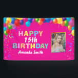 Happy 15th Birthday Colorful Balloons Hot Pink Banner<br><div class="desc">Happy 15th Birthday Colorful Balloons Confetti Hot Pink Photo Banner. For further customization,  please click the "Customize it" button and use our design tool to modify this template.</div>