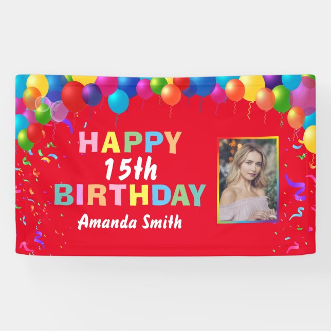 Happy 15th Birthday Colorful Balloons Red Banner (Horizontal)